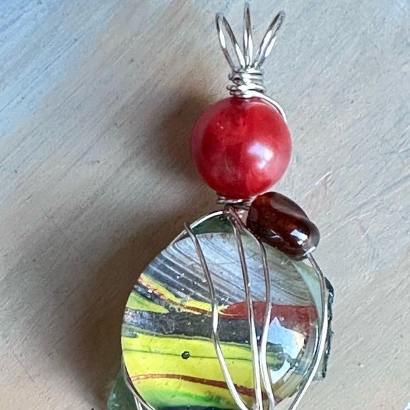 Art Glass Pendant Hand Painted Cabochon, Beaded, Wire Wrapped Handmade  4226 Y - Picture 5 of 11